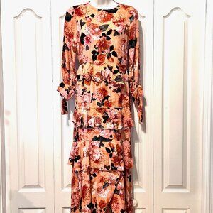 Anthropologies JAASE-Maxi Peach/Floral Long Tiered Ruffle X Small Dress-Boho